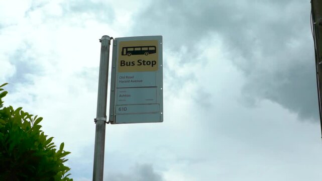 Close Shot Bus Stop in Bryn on Cloudy Day.