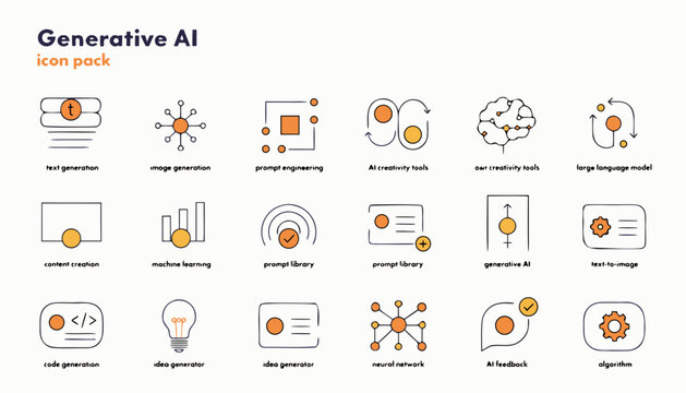 Generative AI icon pack, artificial intelligence symbols, machine learning icons, tech graphics