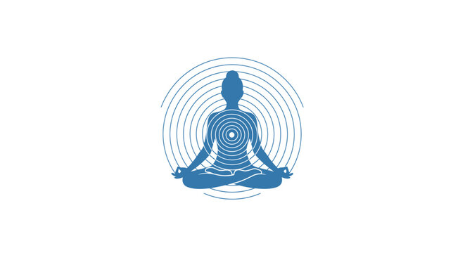 A blue silhouette of a person meditating with concentric circles on a white background