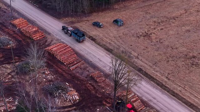 Tractor hauling the hay bales on a dirt road in countryside in aerial view with bare trees and logging operations