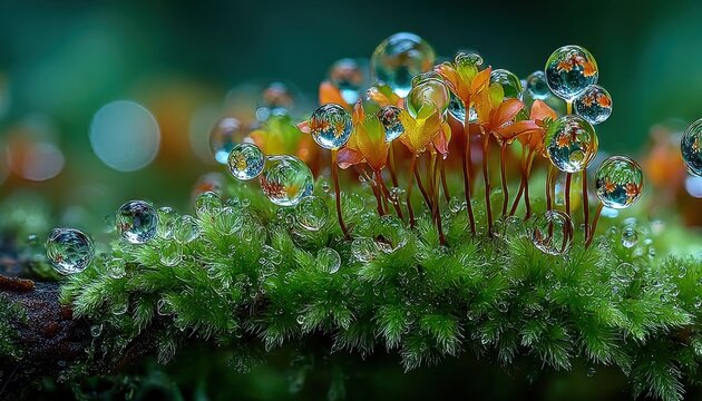 Green moss with tiny orange flowers and transparent water dew drops, dreamy bokeh nature macro, fresh botanical microscopic background