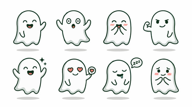Cute Cartoon Ghost Characters with Various Expressions, Flat Design Vector Set, Happy, Surprised, Shy, Strong, Loving, Sleeping, Embarrassed