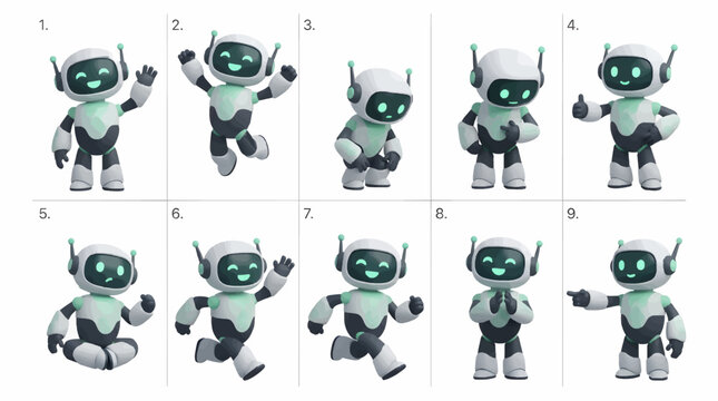 Cute Robot Character Collection with Nine Different Poses and Expressions, 3D Vector Illustration