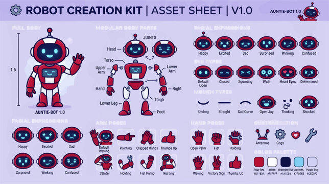 Cute Robot Character Design Kit with Modular Parts, Facial Expressions, and Poses, Flat Vector Illustration