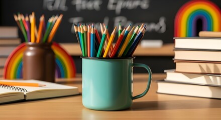 Fototapeta premium Classroom supplies still life colorful pencils in mug with books notebook and rainbow decorations