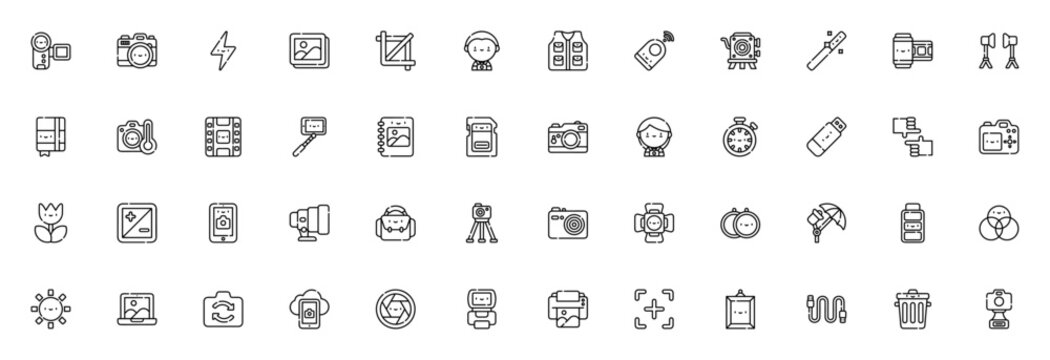 Photography icon set. Camera vector icons pack. Minimal thin line photography icons. Featuring camera, lens, flash, tripod, photographer, selfie, film, album, sd card, battery, and more. Editable vect