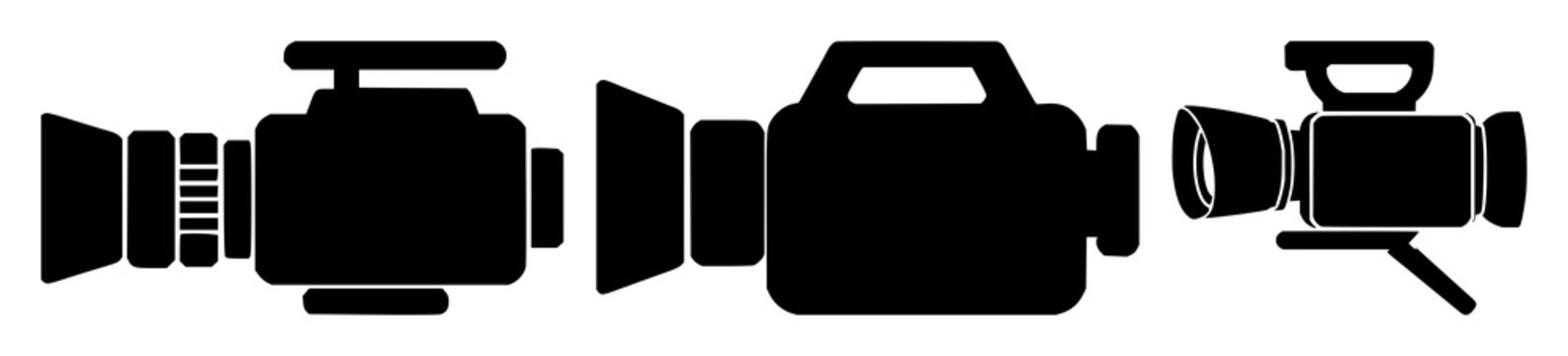 Video camera icon set with solid black silhouette on white background featuring video, camera, icon with digital and electronics
