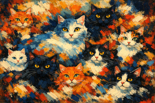 Colorful Impressionistic Painting of Nine Cats. Perfect for artistic, decorative, and feline-themed projects.