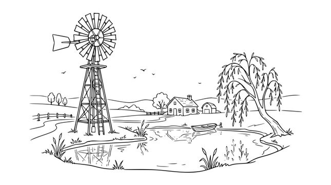 Rural farm landscape coloring page with windmill and pond line art