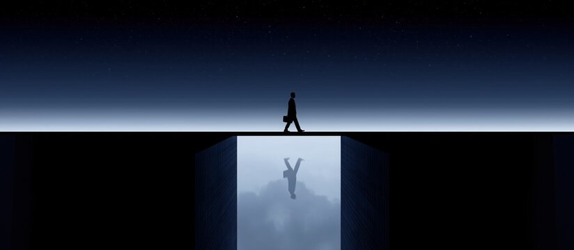 Silhouette of businessman walking across narrow path over deep void with reflection below, risk management concept copy space