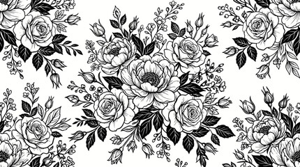 Monochrome Floral Pattern with Roses, Foliage, and Repeating Damask Motif for Elegant Textile Design. © pixmastock