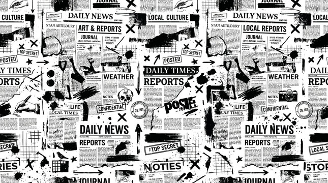 Collage of Newspaper Headlines and Clippings Creating a Dynamic News Media Theme.