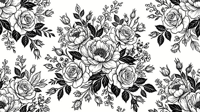 Monochrome Floral Pattern with Roses, Foliage, and Repeating Damask Motif for Elegant Textile Design.