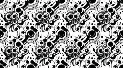 Fototapeta premium Intricate black and white seamless geometric pattern with circular swirls and dots.