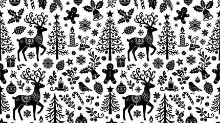 Monochrome seamless winter forest pattern with reindeer and evergreen trees in a decorative design. © pixmastock