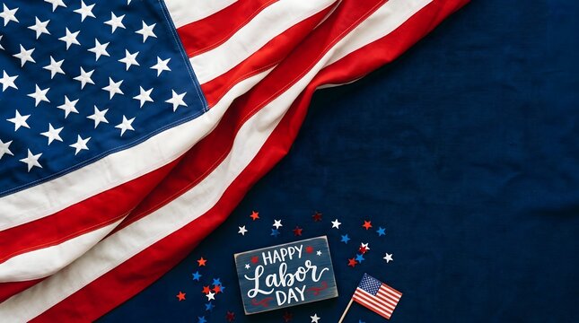 Waving American Flag Stars and Stripes on Blue Background