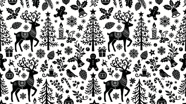 Monochrome seamless winter forest pattern with reindeer and evergreen trees in a decorative design.