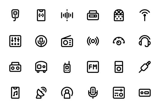 Radio icon set. Minimal thin line icon pack. Featuring walkie talkie, streaming, radio waves, antenna, podcast, headphones, music player, fm, transistor, mixer, microphone and more.
