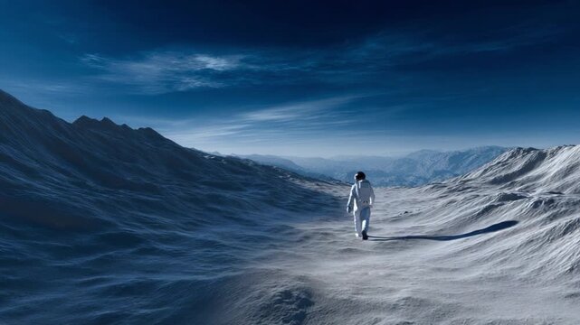 An astronaut in a white suit explores an alien landscape, traversing through vast, smooth terrains under a stunning blue sky filled with wispy clouds.