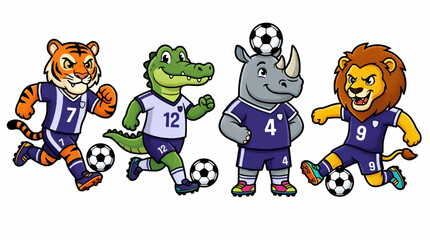 Cute Cartoon Animal Soccer Players, Tiger, Crocodile, Rhino, Lion, Playing Football, Isolated on White Background, Vector Illustration © moh