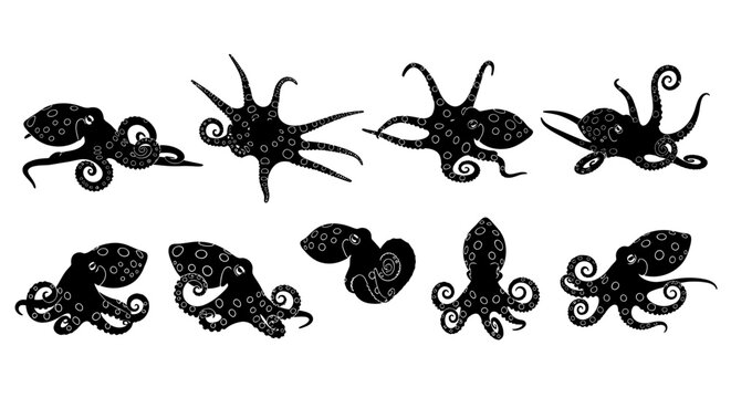 An illustration of various octopuses swimming in different directions underwater.