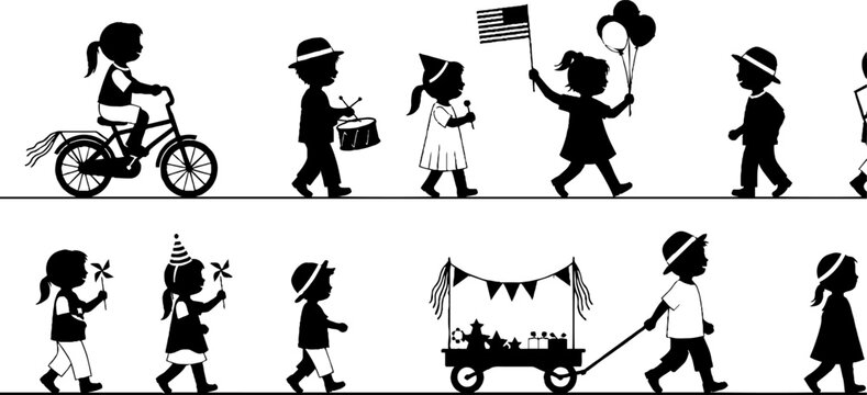 Silhouette Children Playing and Celebrating in Parade Style.