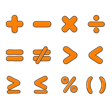 Cute orange basic math symbols set, bubble mathematical signs education pack, transparent PNG clipart sheet
