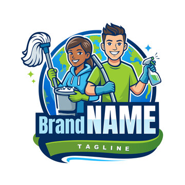 Cleaning Service Team Mascot Logo Vector Illustration