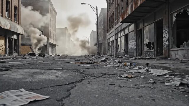 A desolate urban landscape features a street cluttered with debris and thick smoke rising from an explosion where abandoned storefronts stand as grim remnants of a war torn city in total ruin