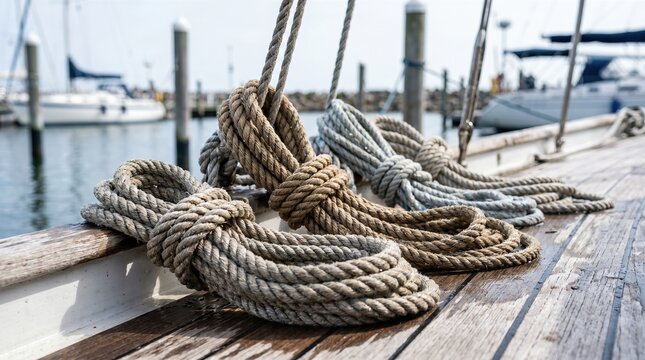 Coiled rope on wooden boat deck with blurred marina background. Nautical theme sailing and harbor leisure travel concept for marine industry