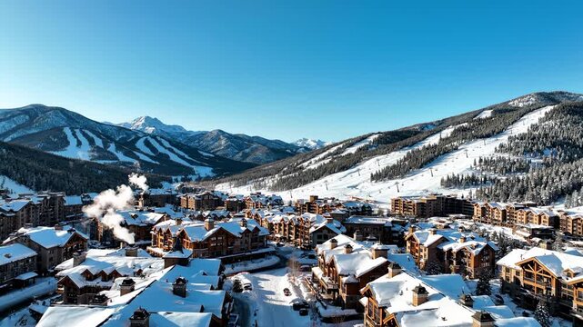 A panoramic aerial perspective captures the beautiful alpine village of Beaver Creek in Colorado nestled within a expansive valley covered in deep snow under a bright clear blue morning winter