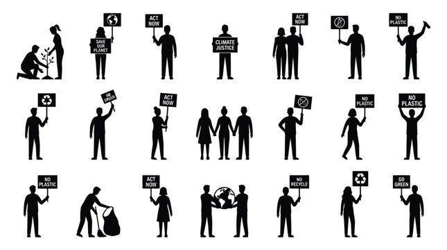 People protesting climate justice, plastic pollution, and promoting eco-friendly actions.