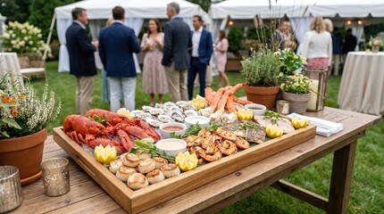 Obraz premium Large wooden tray of seafood buffet including lobster and shellfish on ice at outdoor garden wedding reception with man and woman mingling