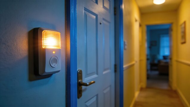 Electronic doorbell chime device glowing on blue wall near door. Apartment hallway. Home security and intercom system concept