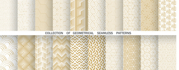 Geometric set of seamless golden and white patterns. Simple vector graphics © ELENA