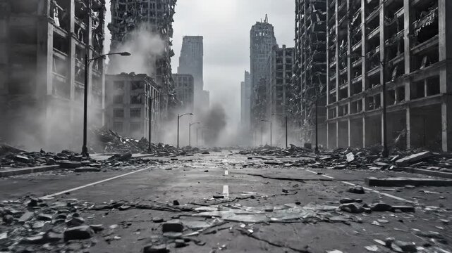 Dense clouds of smoke rise above a desolate urban landscape where crumbling skyscrapers line a ruined street filled with debris and rubble after a devastating catastrophe destroyed the entire