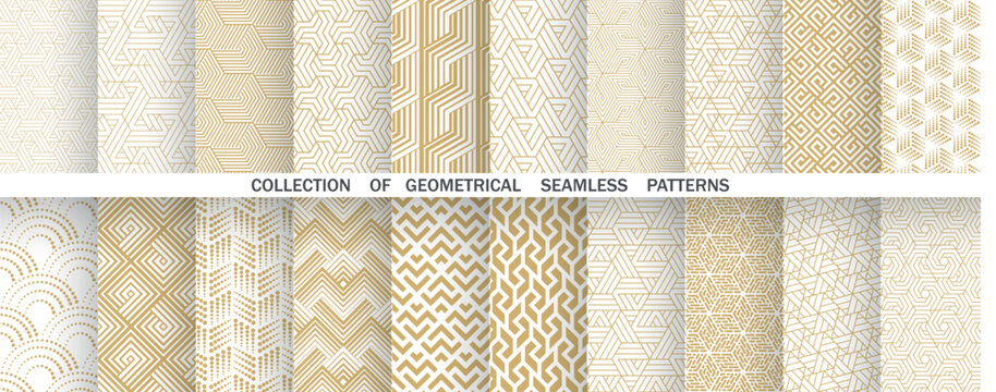 Geometric set of seamless golden and white patterns. Simple vector graphics