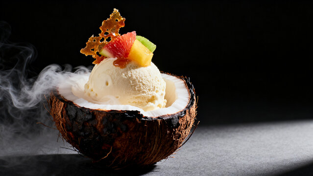 Luxury vanilla ice cream served in a real coconut shell with smoke effect, topped with fresh tropical fruits and caramel tuile against a dark background.