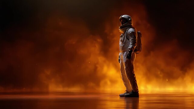 An astronaut stands resolutely against a backdrop of fiery energy, embodying courage and exploration in the face of uncertainty and the unknown cosmos.