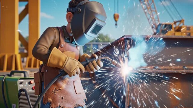 Cartoon 3D render of a welder working on a large construction site with cranes and bright sparks