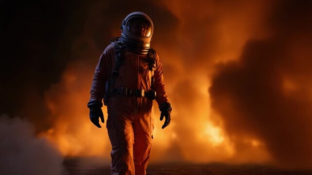 An astronaut emerges from a fiery inferno, surrounded by smoke and flames, symbolizing resilience and courage in the face of overwhelming adversity and danger.