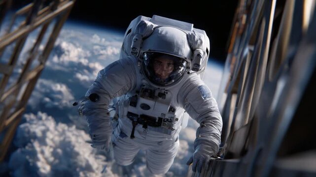 An Astronaut Floating in Space: Captivating View of Spacewalk Near the Space Station with Earth Visible in the Background, Showcasing Human Exploration Beyond Our Planet