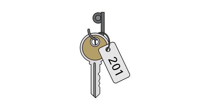 A metal key with a numbered identification tag hanging on a hook