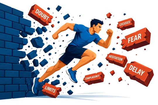 Motivational man breaking brick wall of excuses and limits concept illustration