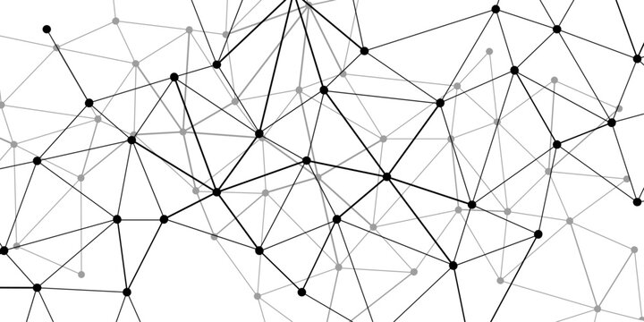 Abstract interconnected network of nodes and lines, symbolizing complex data structure and global connectivity, scientific concept representation