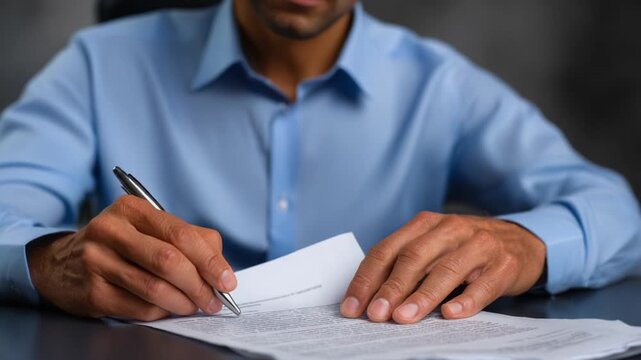 A focused individual diligently signing important documents with a pen, illustrating the commitment and attention to detail in paperwork and professional responsibilities.