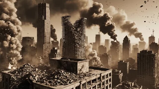 A sepia toned perspective captures the aftermath of an intense conflict where thick plumes of smoke rise from the wreckage left by crumbling skyscrapers within a desolate and ruined urban