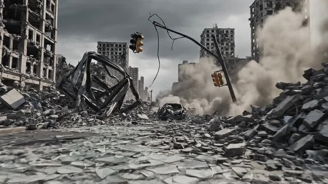 A devastating urban scene showcases the aftermath of a catastrophe as crumbling skyscrapers and debris clutter the streets following a massive structural failure that reshaped the entire city