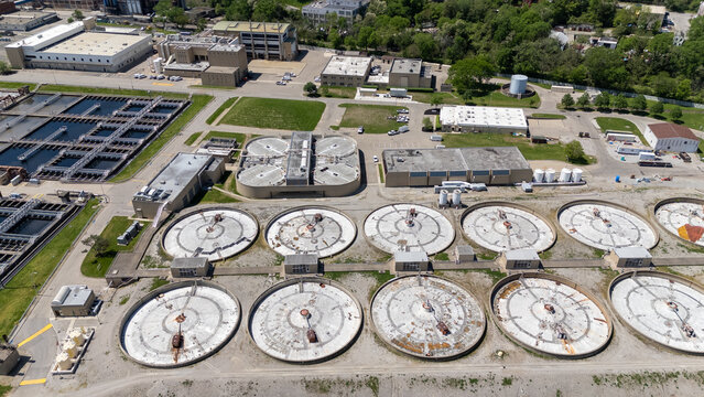 Aerial vertical view of round sedimentation water treatment process basins
