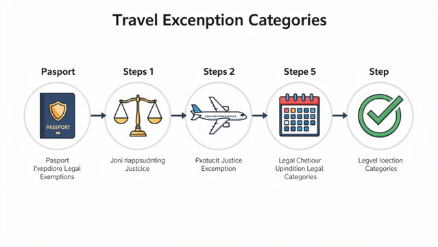Travel Exemption Process Diagram with Passport, Balance Scale, Airplane, Calendar, Checkmark